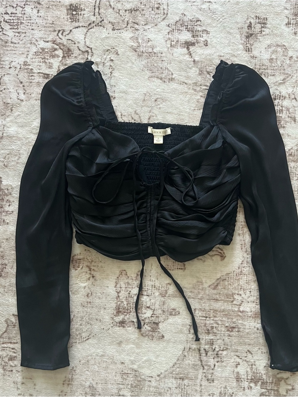 Chelsea & Violet Black Ruched Tie-Front Long Sleeve Crop Top